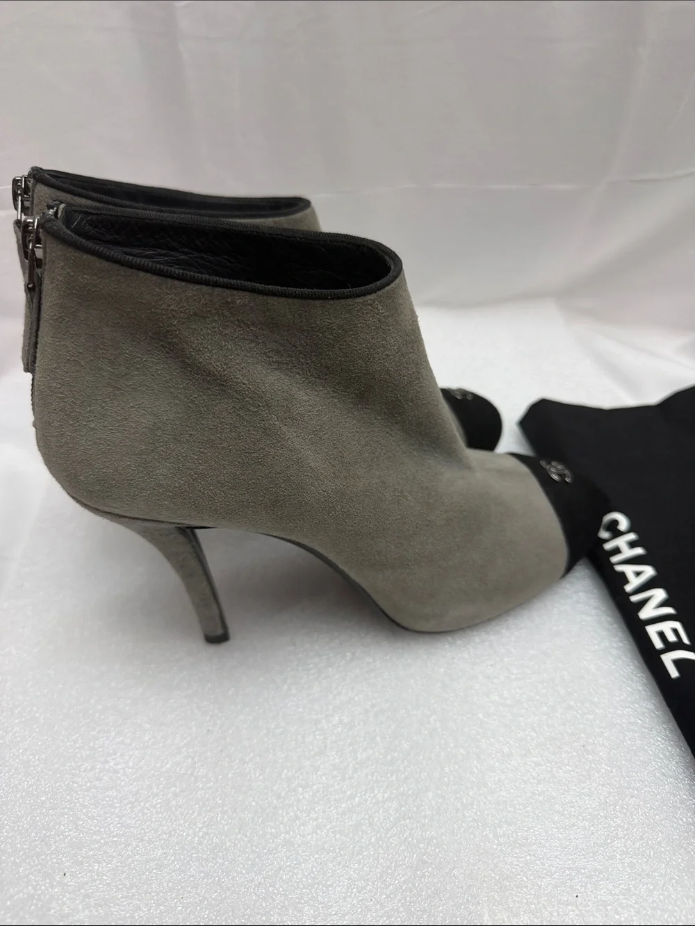 CHANEL Grey Suede Ankle Boots with Black Cap-Toe and Logo